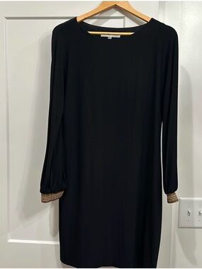 Trina Turk Black Long-Sleeve Shift Dress with Rainbow Gold-Tone Cuff Detail